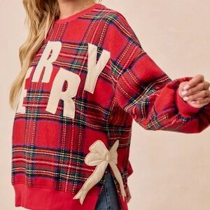 BiBi Red Plaid Sweater with Bold Lettering